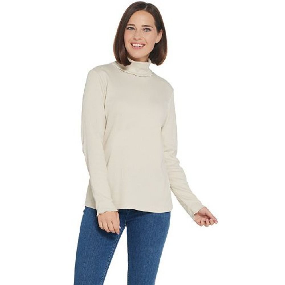DENIM & Co. Rib Long-Sleeve T-Neck Top with Pearl‎